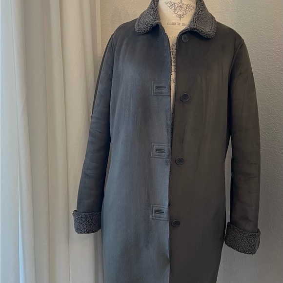 Lands End Womens Coat Jacket Olive Faux Suede Sherpa Lined Size Medium - Picture 8 of 8